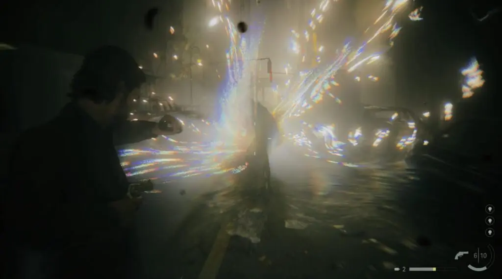 Alan Wake using his flashlight fighting shadow figures in the Dark Place