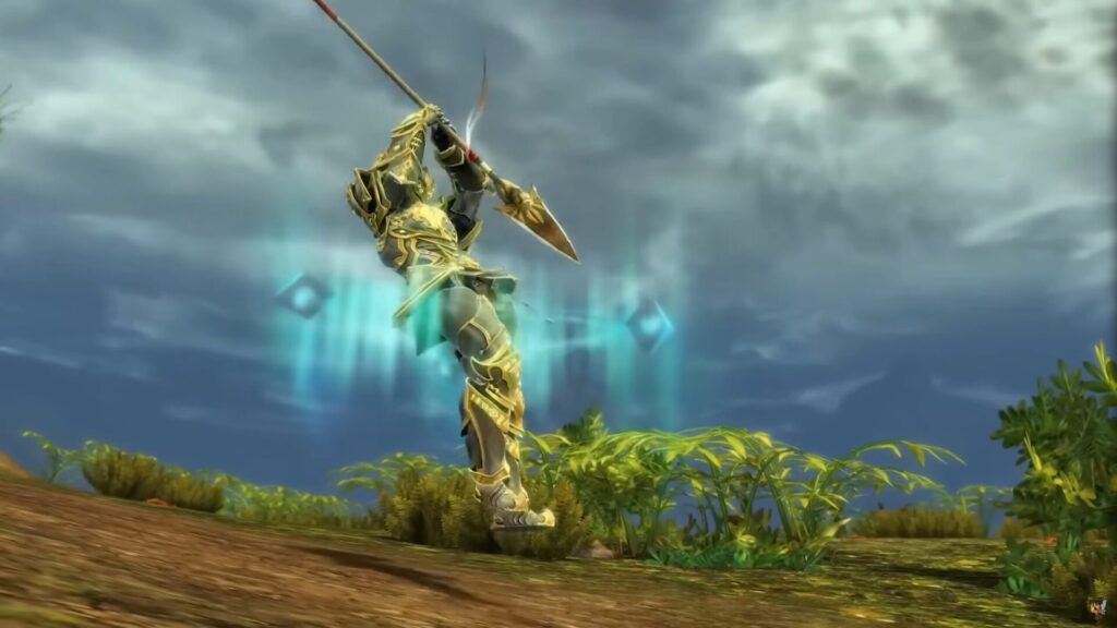 A Guardian using a spear in combat in the Janthir Wilds expansion.