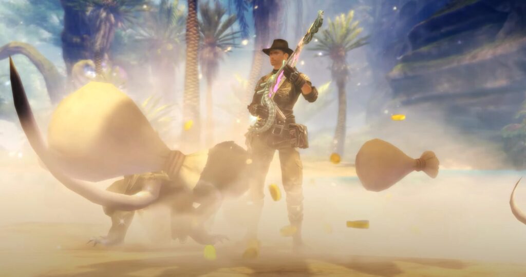 Guild Wars 2: Visions of Eternity – New Expansion Trailer 6 The Thief (Antiquary) wielding a rifle surrounded by bags of gold.